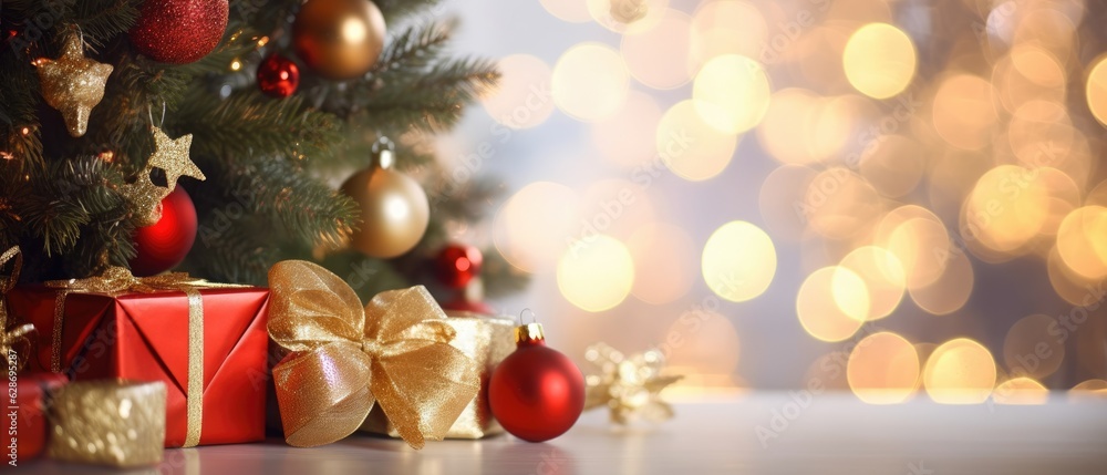 Christmas Gifts and Tree Background with Bokeh.Copy Space