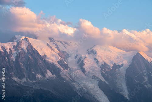 Mont Blanc glowing red with the last light of day at sunset