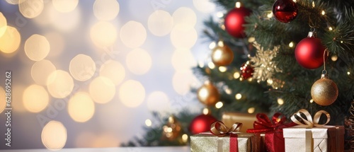 Christmas Gifts and Tree Background with Bokeh.Copy Space
