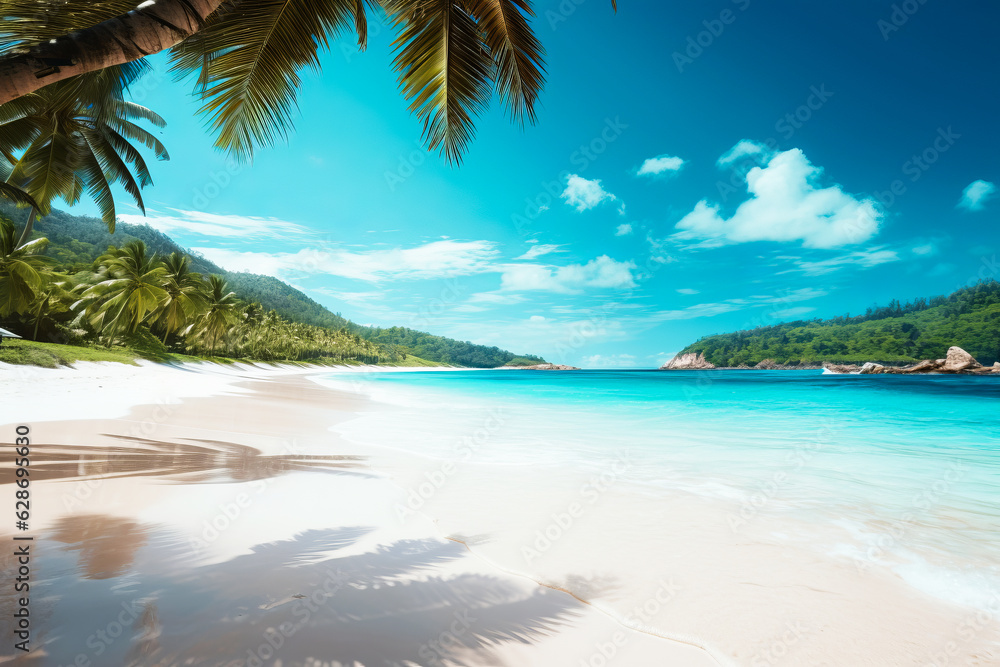 Obraz premium beach with palm trees and blue water, tropical island, beautiful in the world wallpaper, landscape and background. ai generation