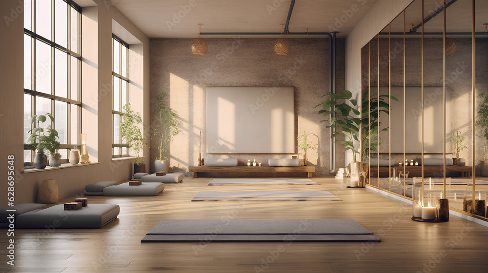 Modern yoga studio, Yoga studio in the middle of nature Feel the peace, shady and concentrate., Generative AI
