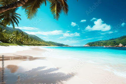 beach with palm trees and blue water  tropical island  beautiful in the world wallpaper  landscape and background. ai generation