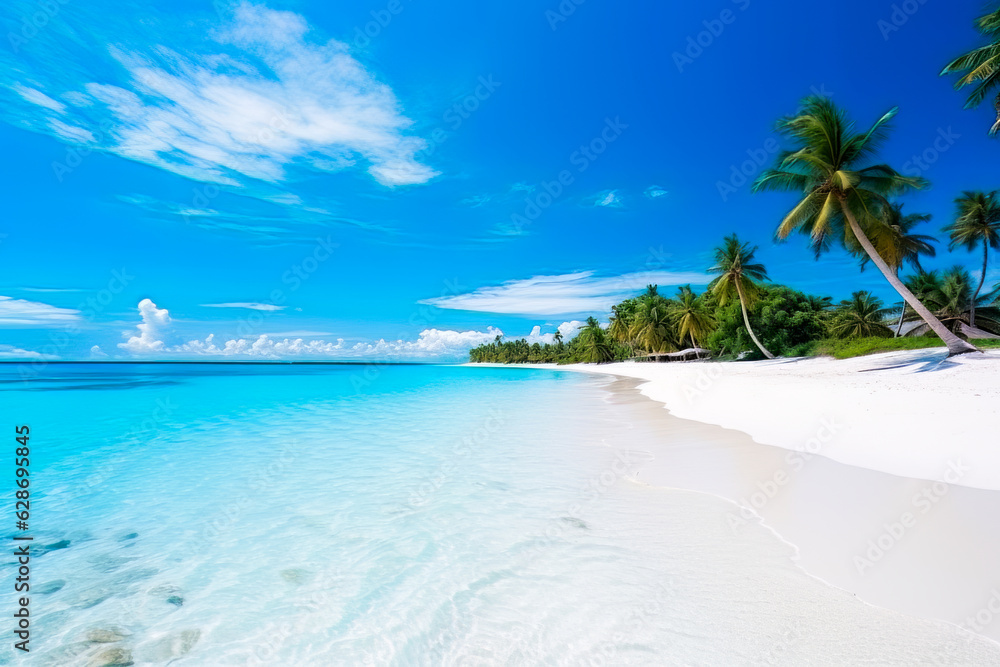 Naklejka premium beach with palm trees and blue water, tropical island, beautiful in the world wallpaper, landscape and background. ai generation
