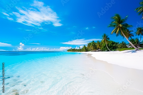 beach with palm trees and blue water, tropical island, beautiful in the world wallpaper, landscape and background. ai generation © Sergii