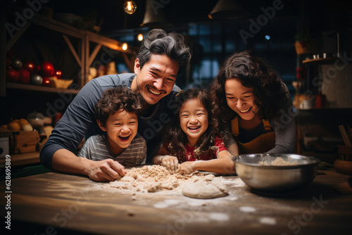 A joyful Asian family affair in the kitchen as kids and their father create sweet memories while preparing cookie dough at Christmas time