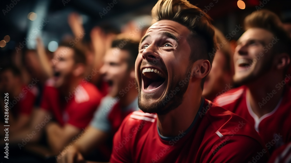 portrait of excited football or soccer fans watch the game cheering portrait of excited football or soccer fans watch the game cheering