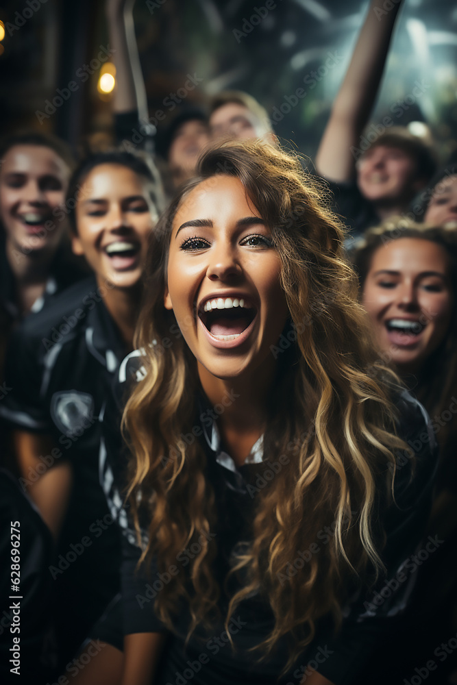 portrait of excited football or soccer fans watch the game cheering