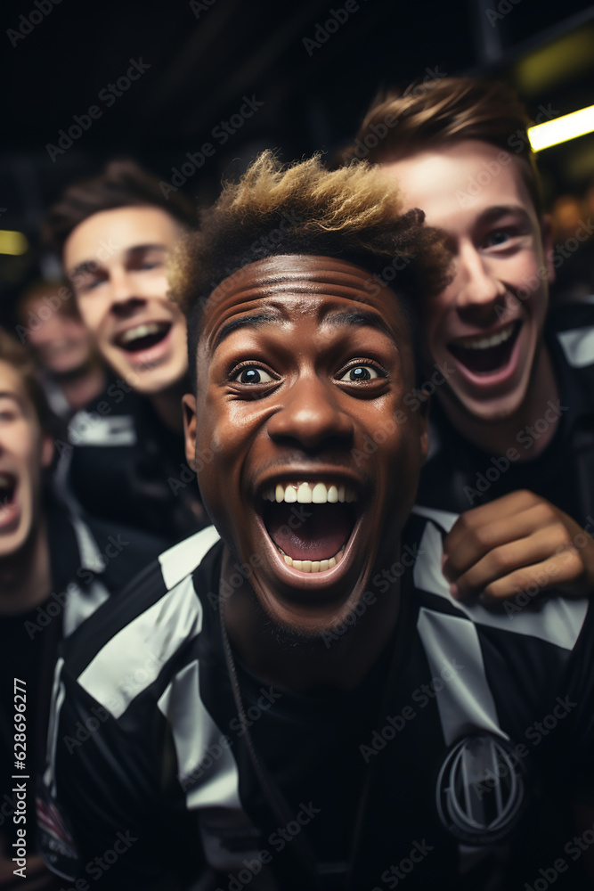 portrait of excited football or soccer fans watch the game cheering portrait of excited football or soccer fans watch the game cheering
