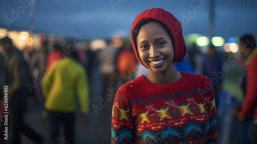 woman with dark tanned skin and a thick pullover, everyday life, during the day, fictitious place, other people in the background, good mood and smile