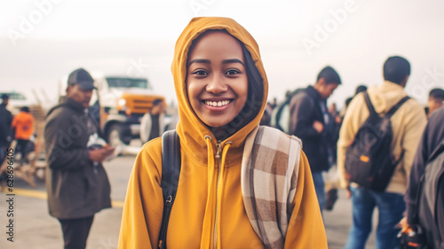 young adult woman or teenage girl, dark skin color, smiling, as a pedestrian with a backpack on a road with construction and construction work, fictitious place like bus stop or departure © wetzkaz