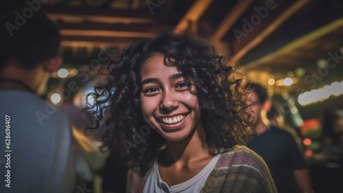 young adult woman or teenage girl, in the nightlife in a bar or disco or typical city life in the evening, happy and in a good mood, curly hair, cozy casual thin sweater, fun and joy