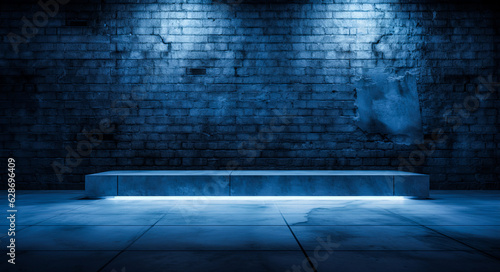 Empty dark blue abstract cement wall and room, empty stage background. Brick wall with colorful neon lights and smoke. dark abstract background © Sergii