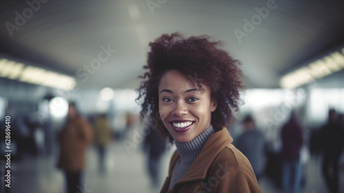 adult dark skinned woman, 30s, airport terminal, wearing turtleneck sweater and winter jacket, multiethnic or african american or african american, smiling looking forward, fictional location