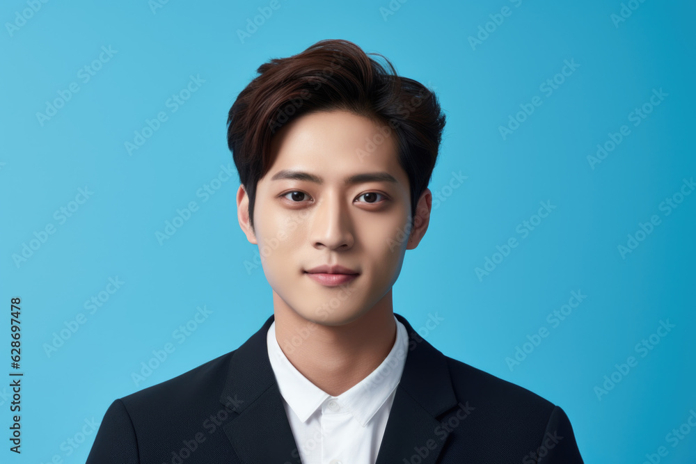 Beautiful korean man on blue background Beautiful korean man on blue background