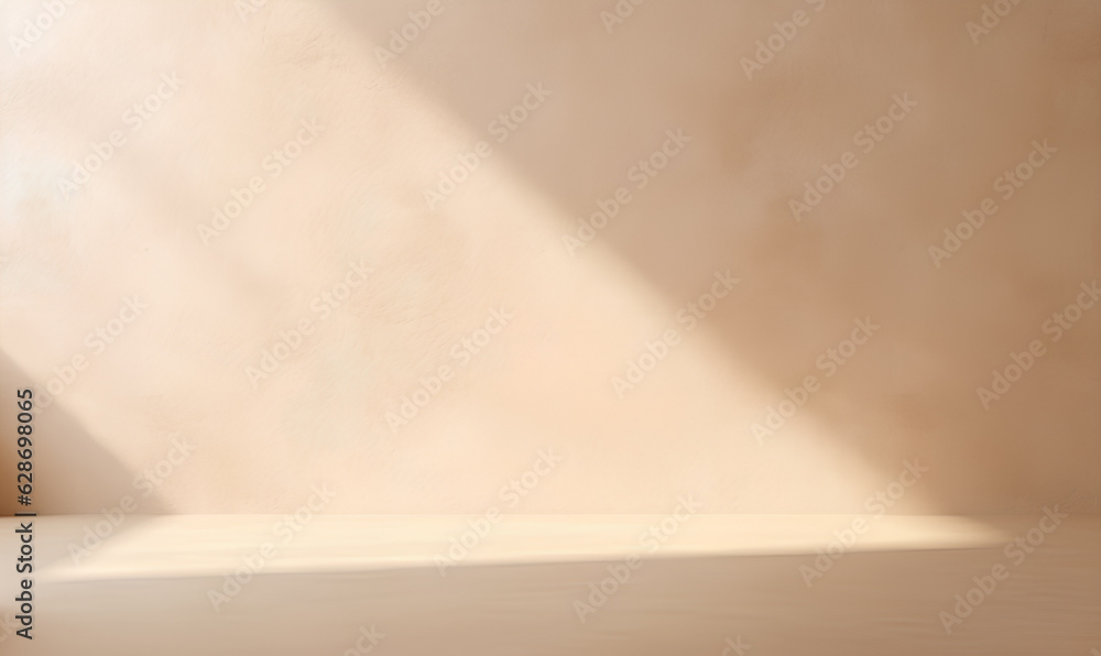 Empty modern, minimal counter in dappled sunlight on cream white wall for luxury beauty, fashion cosmetic product display background 3D, background for product presentation, generative ai Empty modern, minimal counter in dappled sunlight on cream white wall for luxury beauty, fashion cosmetic product display background 3D, background for product presentation, generative ai