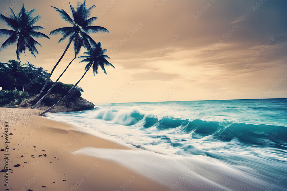 Beach with wave and  sunset glow
Generative AI