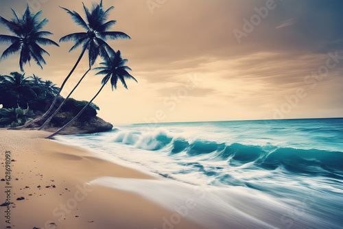 Beach with wave and sunset glow Generative AI