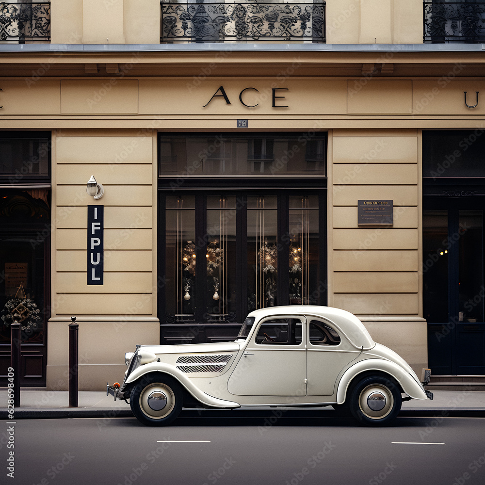 A beautiful classic white French car from the 1930s, exuding elegance, parked on a Parisian street. Generative AI art.