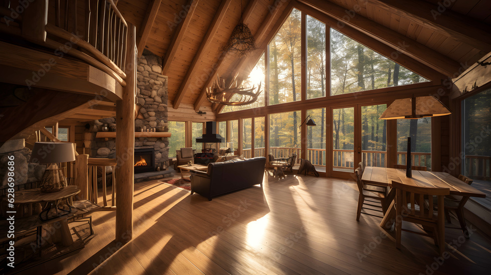 interior of cabin in the woods, wooden cabin decor 