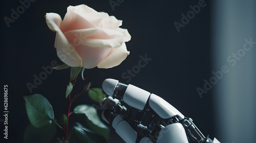 A robot hand touhing a rose. Robot hand with flower. photo