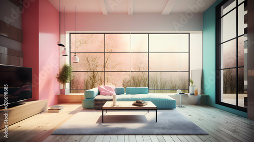 modern living room with big windows and gradient walls 