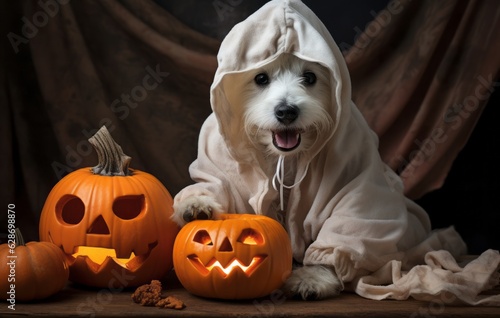 Dog dressed up as a ghost carrying a pumpkin