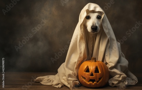 Dog dressed up as a ghost carrying a pumpkin