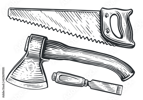 Set of woodworking and carpentry wood work tools. Hacksaw, axe, wood cutter. Sketch vector illustration
