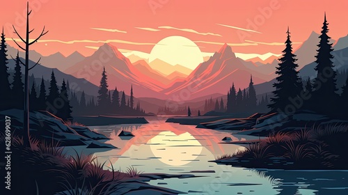 minimal vector landscape with nature mountains snow and a small cabin near pond with beautiful reflections wallpaper