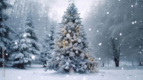 Outdoor Christmas tree and Christmas gifts with snow