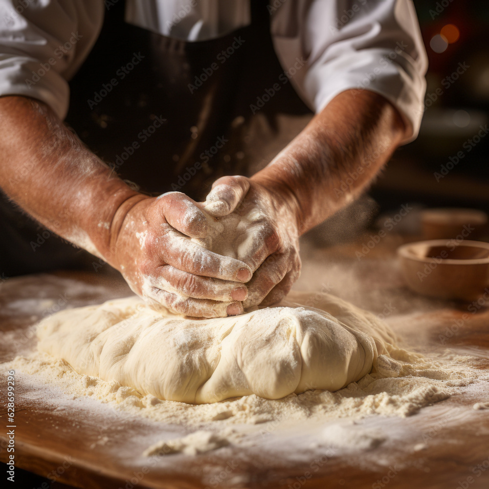 baker kneads dough in a kitchen counter, generative ai 