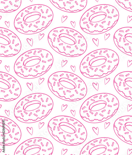 donut seamless pattern pink on white background. Donut icon in a flat style. Seamless pattern, background, card, poster. Template for design. pink