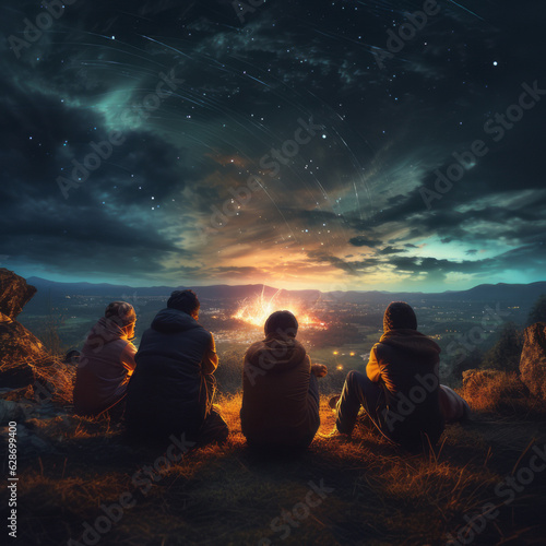 group of friends sitting around a campfire looking at the sky and constellations, painting style, generative ai