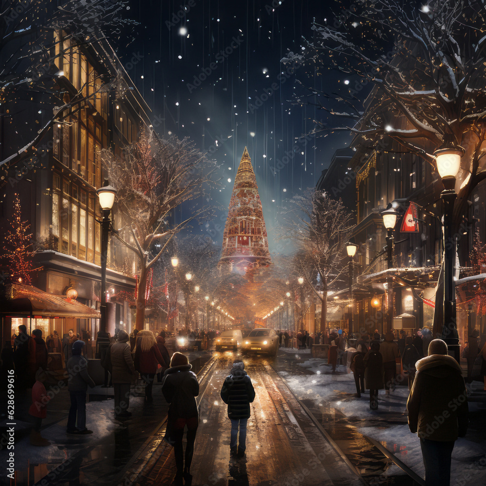 snowfall in the heartland of a Christmas town. lit up 
during the evening. generative ai 