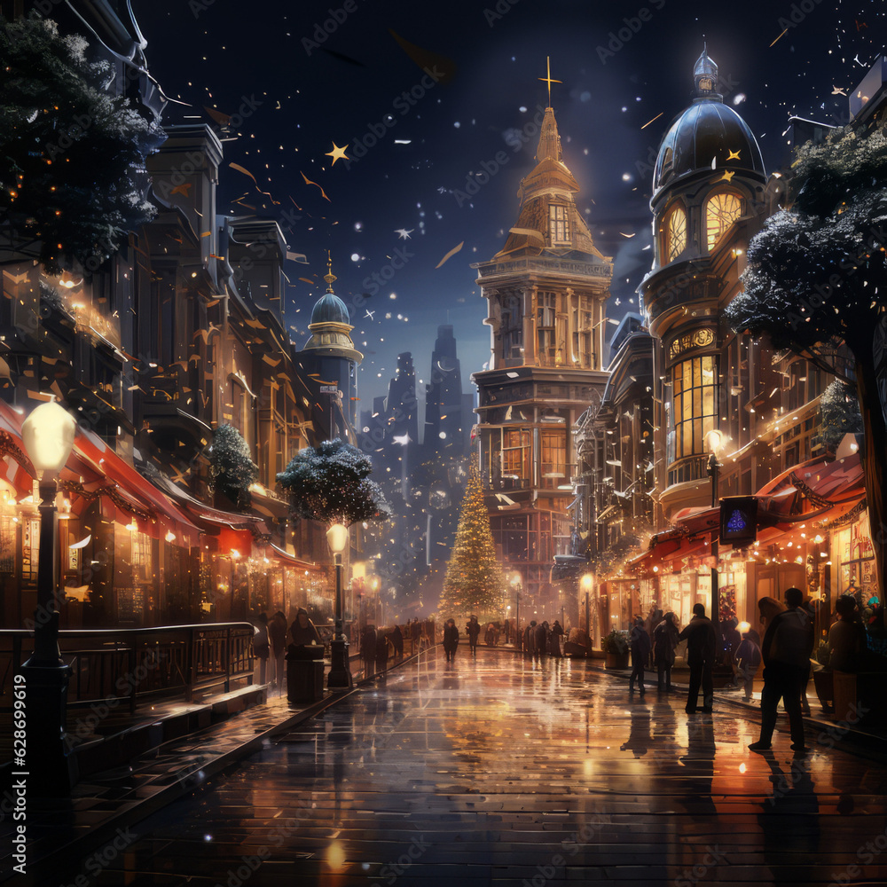 illustration of a Christmas city, confetti, illuminated Christmas tree during a winter night, winter wonderland, generative ai