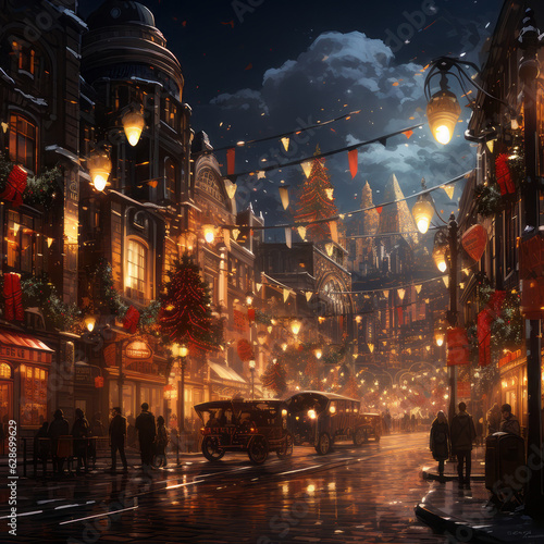 illustration of an old Victorian village with Christmas decorations, Christmas banners and lights, generative ai © wayne
