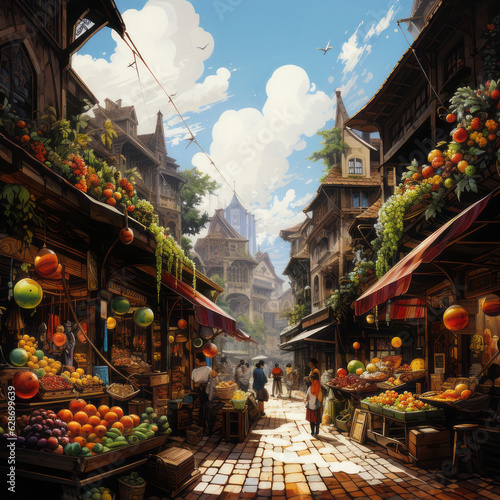 Digital art of market stores with fruit, on a street with blue skies. generative ai