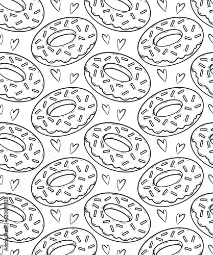 donut seamless pattern black on white background. Donut icon in a flat style. Seamless pattern, background, card, poster. Template for design. black and white