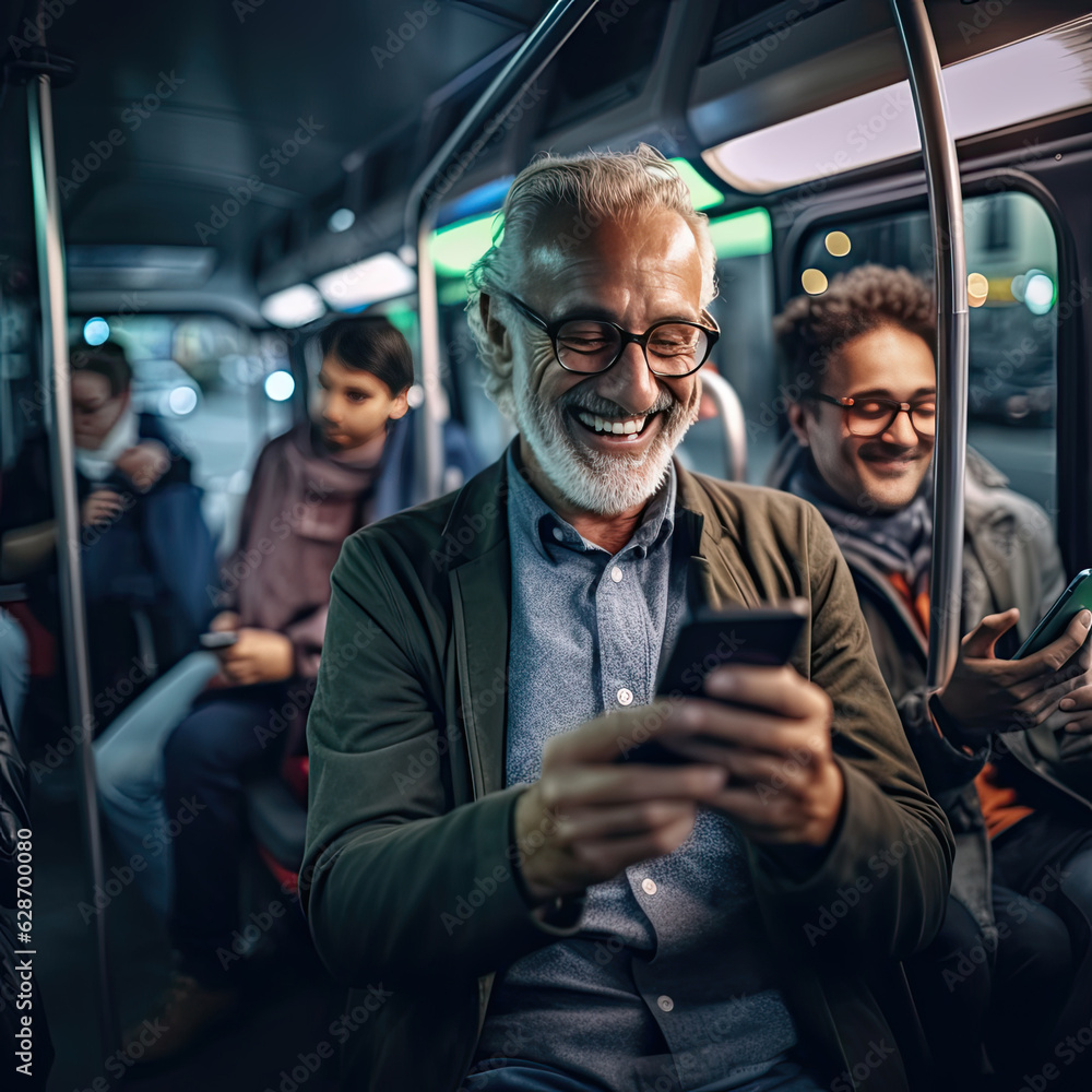 Older man laughing as he looks at his smart phone on a bus or subway ...