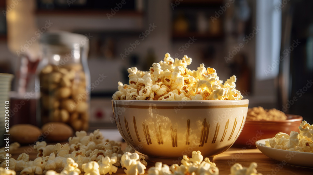 Popcorn on the table in the kitchen Popcorn on the table in the kitchen