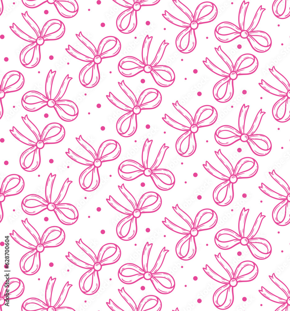 Cute seamless pattern with beautiful hand drawn pink bows. Vector doodle illustration. Cloth design, wallpaper, wrapping.
