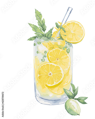 Hand drawn watercolor illustration of summer fresh cocktail with strawberries. Isolated on the white background, in vector