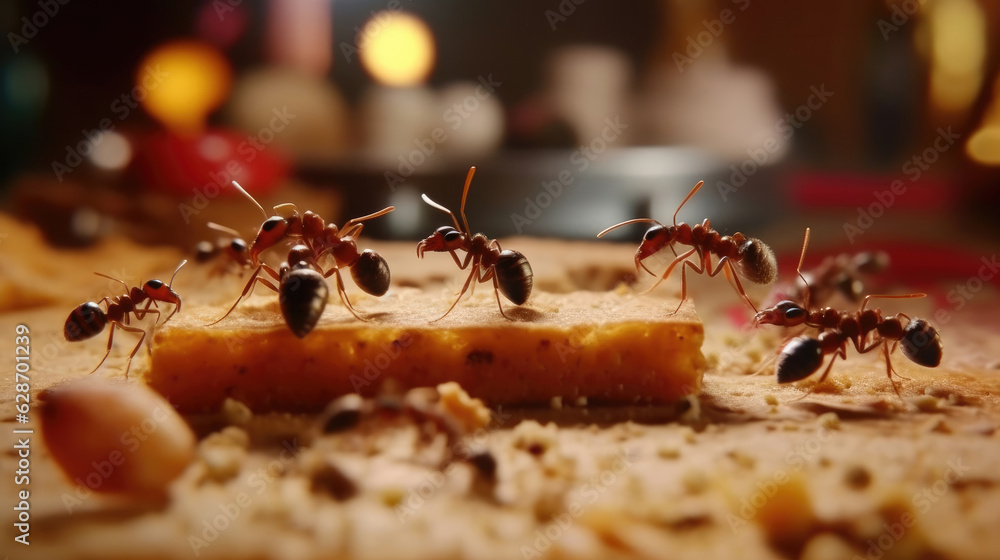 Close-up of group of ants eating discarded food crumbs and sugar spillage on table Close-up of group of ants eating discarded food crumbs and sugar spillage on table