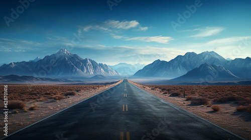 Road through the scenic landscape to the destination, A long straight road path journey towards mountains. Generative ai.