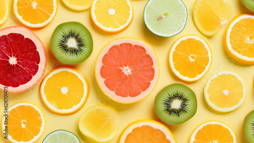 Sliced fresh fruits are placed throughout the background, on a white background
