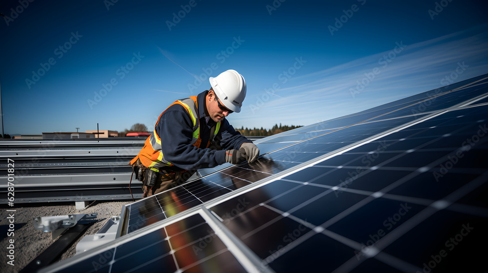 A handyman installing solar panels on the rooftop. Solar power engineer installing solar panels, on the roof, electrical technician at work, alternative renewable green energy generation concept A handyman installing solar panels on the rooftop. Solar power engineer installing solar panels, on the roof, electrical technician at work, alternative renewable green energy generation concept