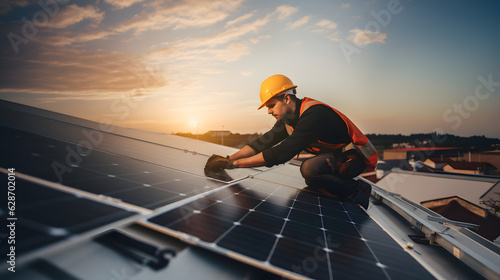 A handyman installing solar panels on the rooftop. Solar power engineer installing solar panels, on the roof, electrical technician at work, alternative renewable green energy generation concept