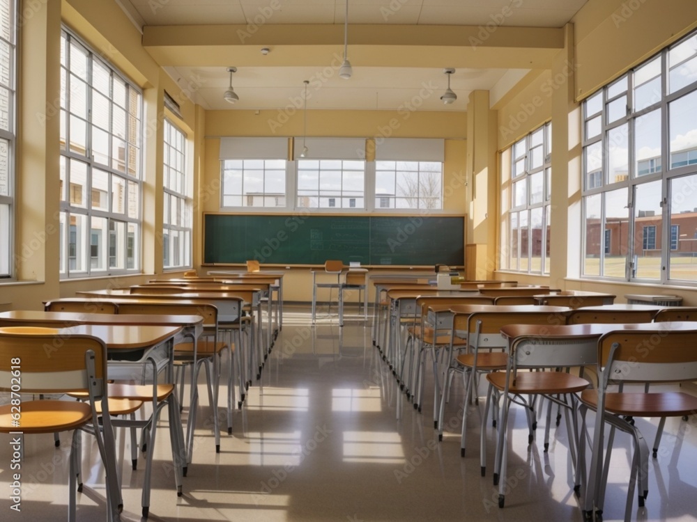 Classroom with a large table and window and chairs Classroom with a large table and window and chairs