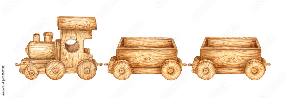 Naklejka premium Children's toy wooden train and two carts. Watercolor illustration of transport for small children on an isolated background. Drawing of a toy train for children's design.
