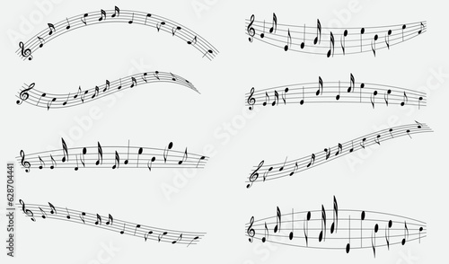 Music notes, staff treble clef notes with curves isolated on white background. Vector illustration eps10